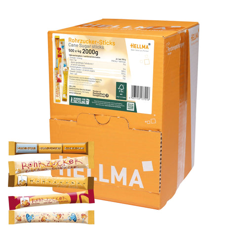 Hellma Rohrzucker-Sticks 500 Stk. je 4 g brauner Zucker - 2 kg Vorrats-Box - Zuckertütchen einzeln, für Kaffee, Tee