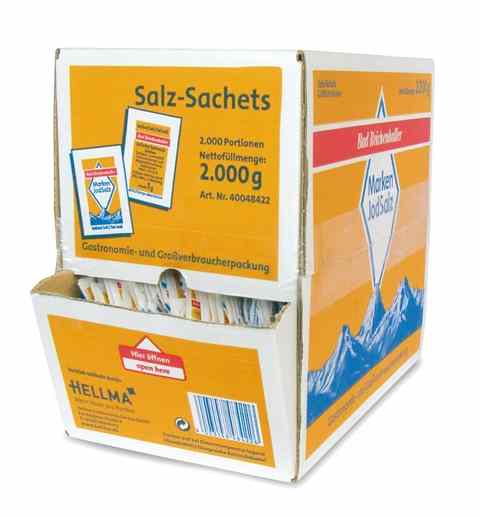 Bad Reichenhaller Alpen-Jod-Salz 2000 Stk. je 1 g - 2 kg Vorrats-Box - Salztütchen einzeln verpackt, für Cafés und Gastronomie