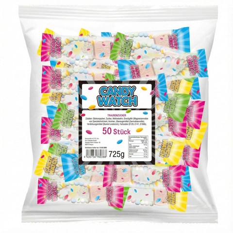 CANDY WATCH Traubenzucker Uhren (50 Stück) – Bunte essbare Uhren für Kindergeburtstag & Party – Retro Süßigkeiten Großpackung 725g