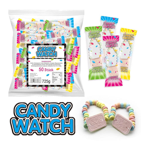 CANDY WATCH Traubenzucker Uhren (50 Stück) – Bunte essbare Uhren für Kindergeburtstag & Party – Retro Süßigkeiten Großpackung 725g