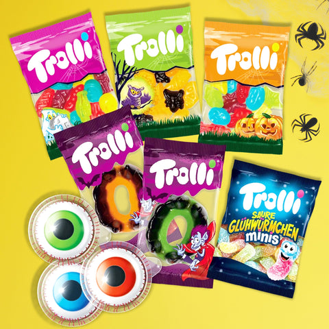 Inhalt des Trolli Halloween Mix: Fruchtgummi-Einzelpackungen, Glotzer, saure Würmchen und Dracula-Ringe