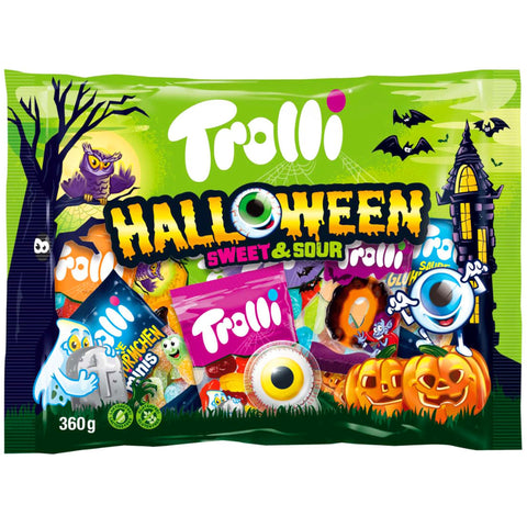 Frontalansicht des Trolli Halloween Mix 360g mit Glotzer, Minis und Fruchtgummi
