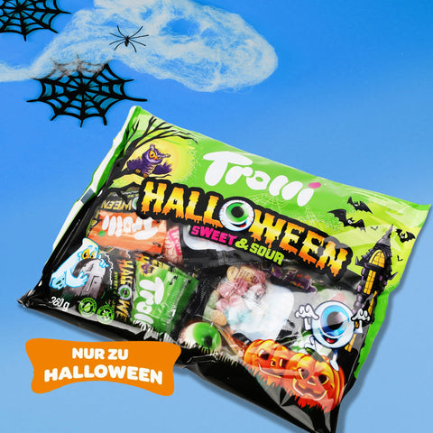 Trolli Halloween Sweet & Sour Großpackung 360g mit Halloween-Aufdruck auf blauem Hintergrund